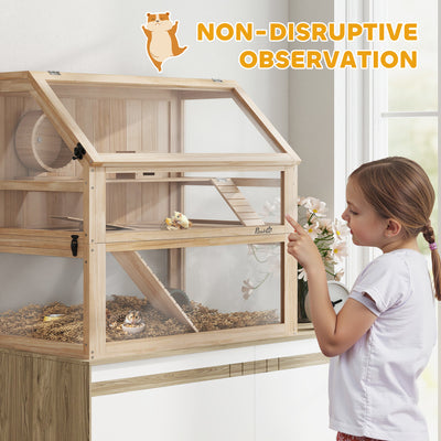 PawHut Wooden Hamster Cage with Detachable 31cm Deep Bottom, Hut, Seesaw, Exercise Wheel, Ramp, 80 x 50 x 76cm, Natural 