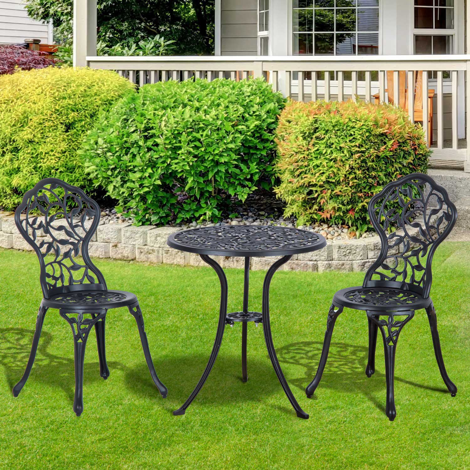 Outsunny 3 Pcs Aluminium Bistro Set Garden Furniture Dining Table Chairs Antique Outdoor Seat Patio Seater Black 