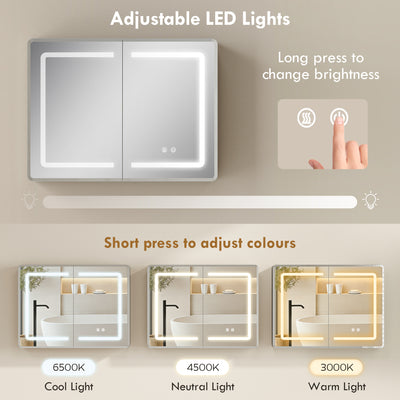 HOMCOM Mirrored Bathroom Cabinet with LED Lights, 60 x 80 cm Bathroom Mirror Cabinet with Anti-Fog, 3 Colour Dimmable Lighting 