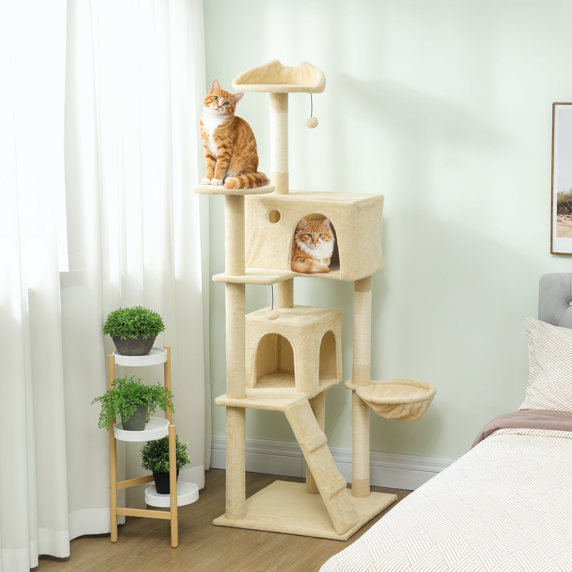 PawHut 180cm Large Cat Tree Tower with Sisal Scratching Posts, Condos, Plush Perches, Hammock, Ladder, Beige 