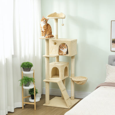 PawHut 180cm Large Cat Tree Tower with Sisal Scratching Posts, Condos, Plush Perches, Hammock, Ladder, Beige 