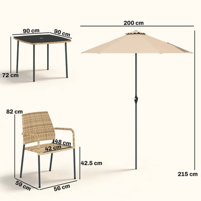 Outsunny 4 Seater Rattan Dining Set with Parasol, 6 Piece Garden Table and Stackable Chairs with Tempered Glass Tabletop 