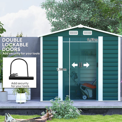 Outsunny 7 x 4ft Garden Shed, Easy to Assemble, Upgraded Galvanised Steel Frame with Foundation Kit, Double Doors with Lock, Outdoor Metal Shed with Vents and Gloves, Garden Storage Shed, Green 