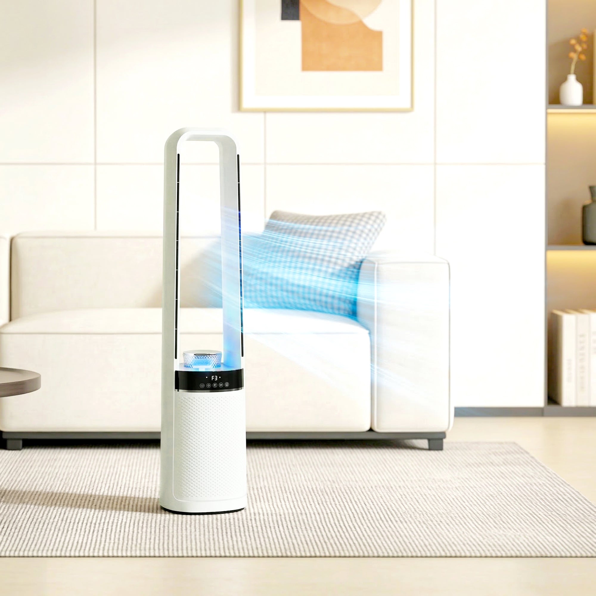 HOMCOM Bladeless Tower Fan, 36dB Standing Cooling Fan with Oscillating, LED Lights, 3 Speeds, 12H Timer, Remote Control 