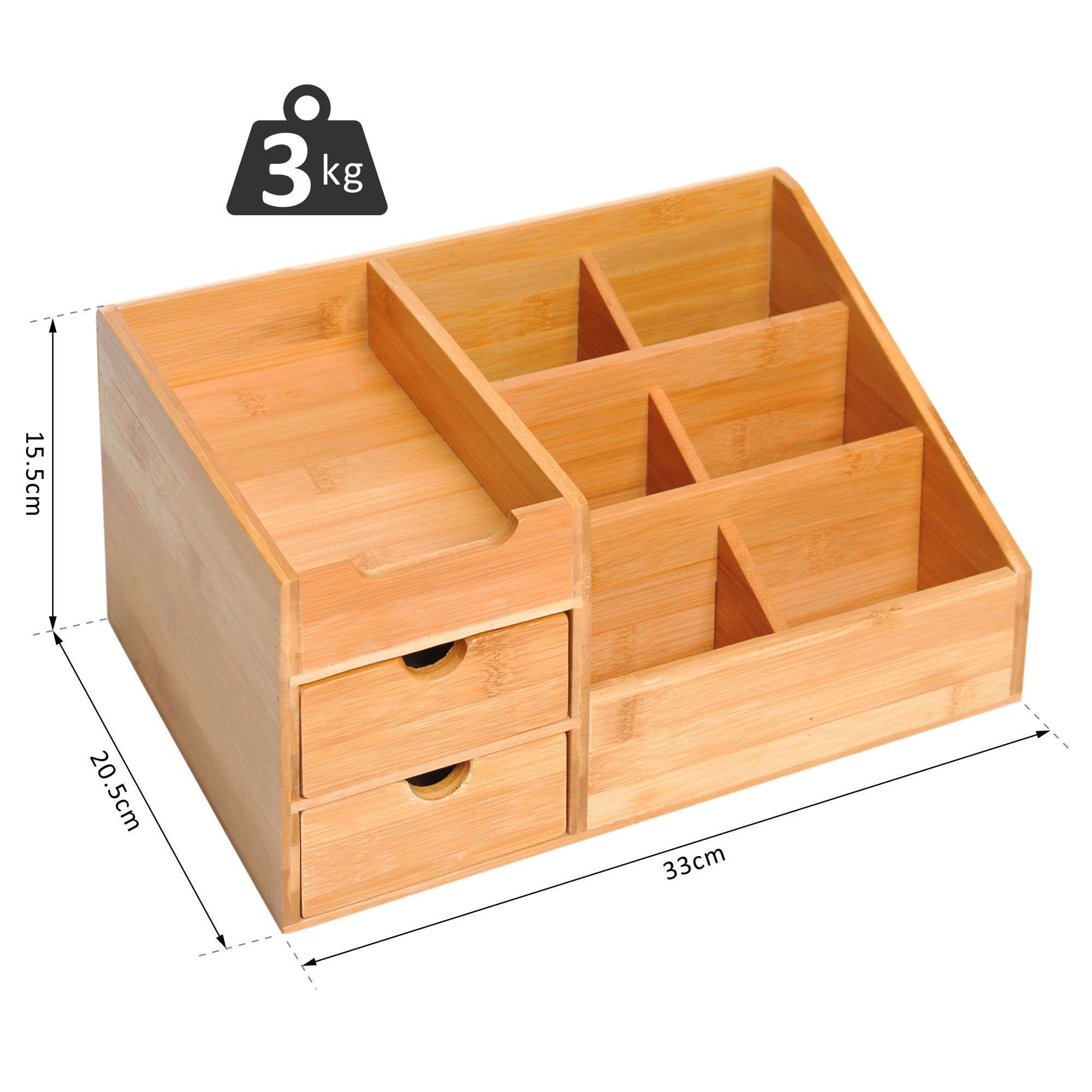HOMCOM Desk Organiser Holder, Bamboo Multi-Function Storage Caddy with 7 Storage Compartments and 2 Drawers for Home Office Stationary Supplies, Natural Bamboo 