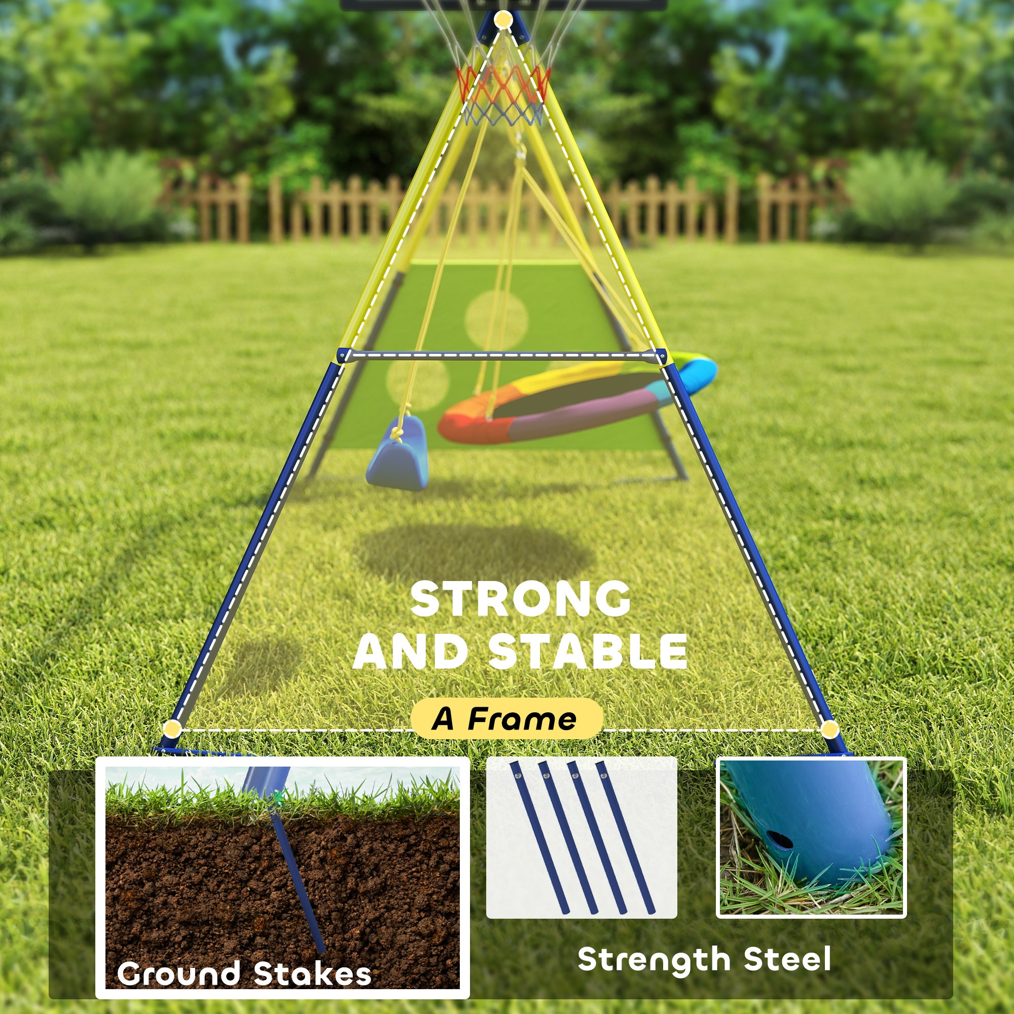 AIYAPLAY 4-in-1 Kids Swing Set with Saucer Swing, Basketball Hoop and Football Goal, Outdoor Playground Playset for Garden 