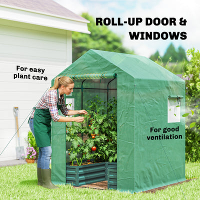 Outsunny Small Greenhouse with Raised Garden Bed, Galvanised Walk-in Greenhouse with Roll Up Windows, 141 x 141 x 190 cm, Green 