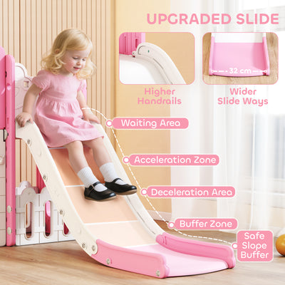 AIYAPLAY 7 in 1 Toddler Slide Set with Basketball Hoop, Climbing Frame, Telescope, Drawing Board, Storage Box, Pink 