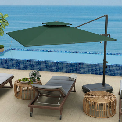 Outsunny Cantilever Parasol with Weighted Base Double Top Garden Parasol Square Hanging Patio Umbrella with Crank Tilt Dark Green 