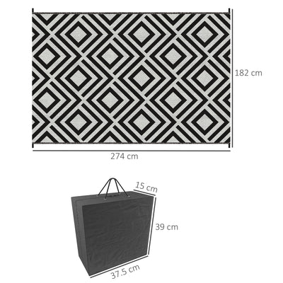 Outsunny Reversible Outdoor Rug, Plastic Straw Mat w/ Carry Bag Ground Stakes for Garden RV Picnic Beach Camping 182x274cm Black 