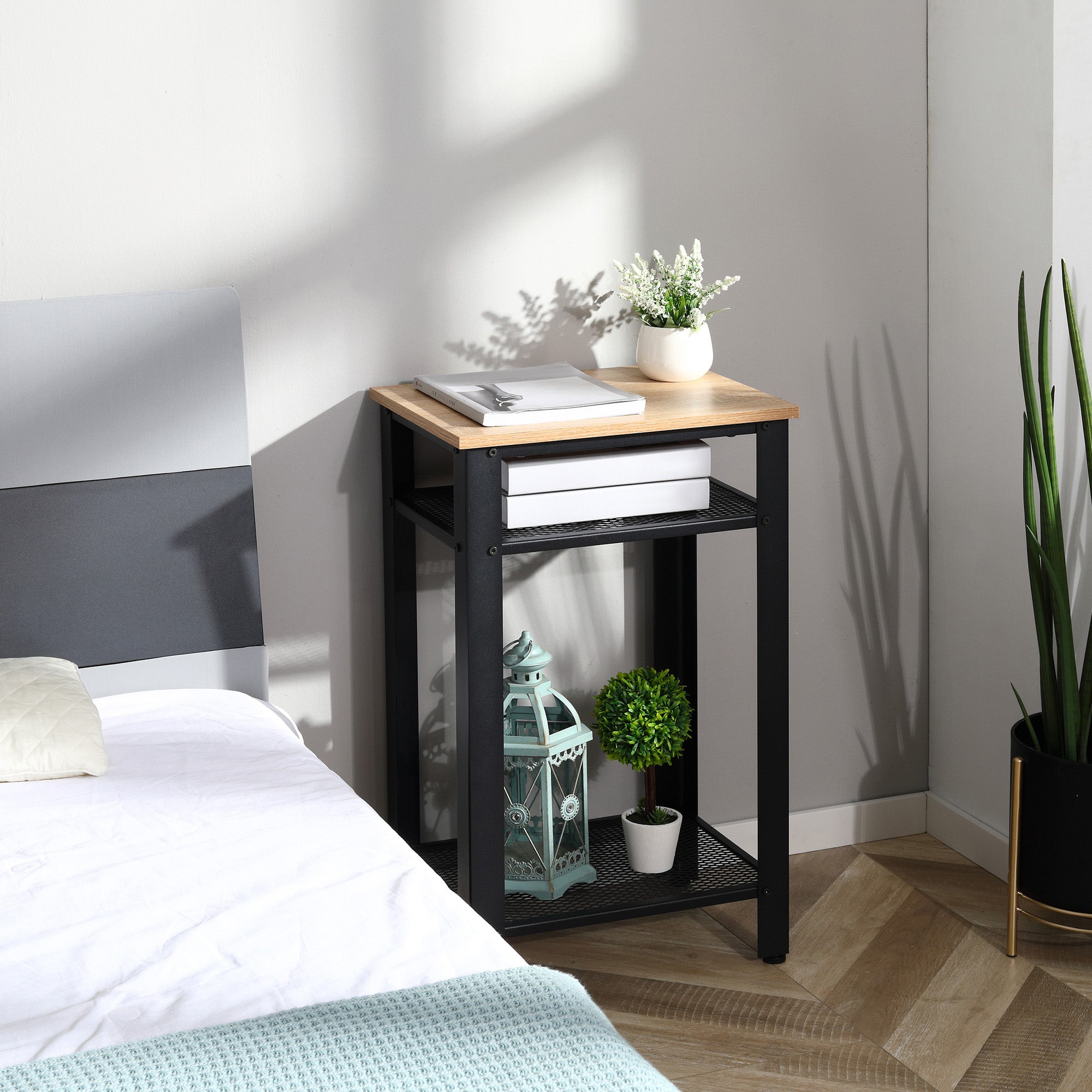 HOMCOM Tall Side Table with 3 Layer 2 Shelves Storage Display Industrial-Style Metal Frame Bedside End Table Nightstand for Living Room Bedroom Lounge 