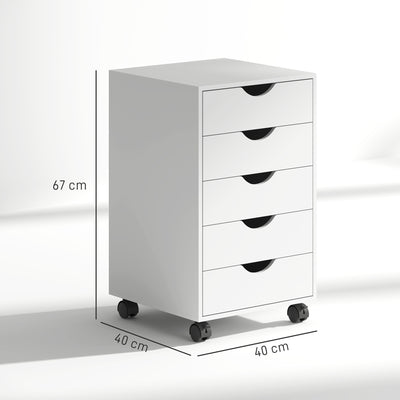 HOMCOM 5 Drawer Mobile Filing Cabinet, Vertical File Cabinet, Modern Rolling Office Storage Organizer Cupboard, White 