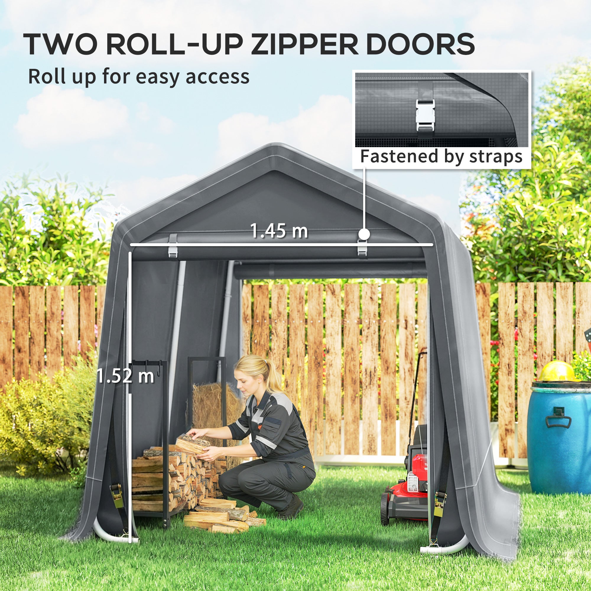 Outsunny 8 x 6.5 ft Outdoor Garden Storage Shed, Waterproof Bike Tent w/ Double Roll-up Zipper Door for Garden Tools, Dark Grey 