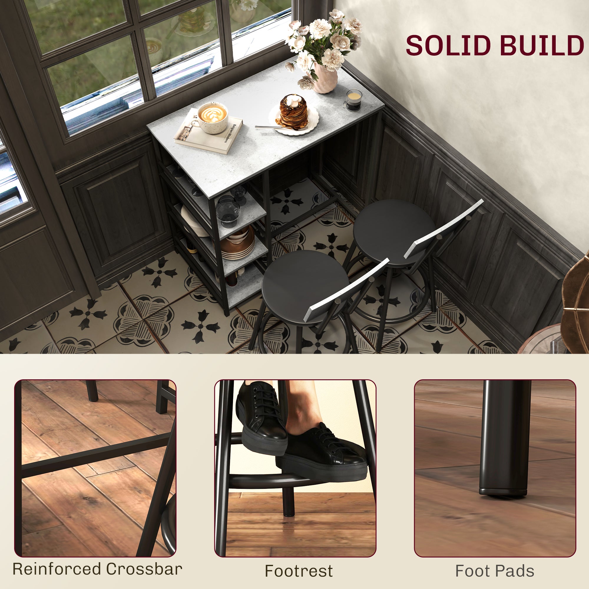 HOMCOM Three-Piece Kitchen Dining Set, with Shelves - Grey/Black