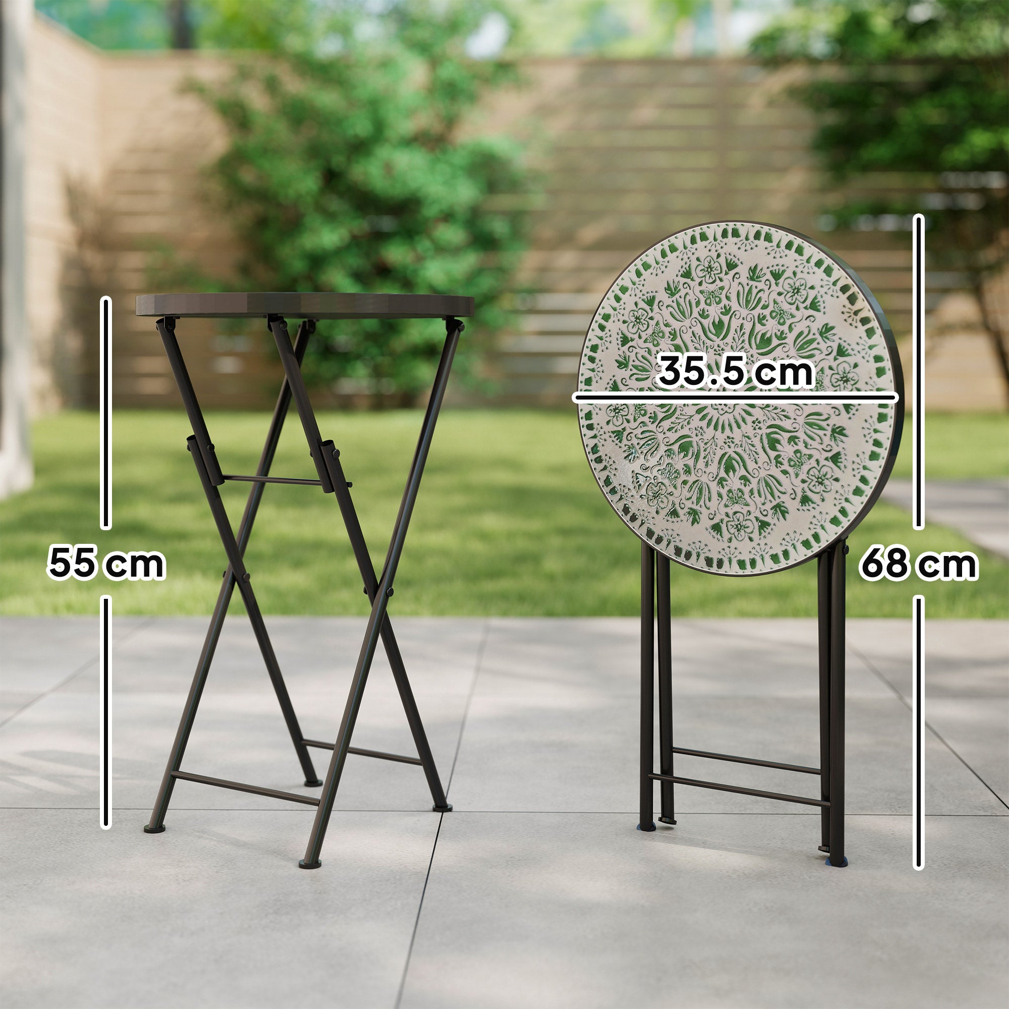 Outsunny Mosaic Outdoor Garden Table, 35.5cm Round Folding Coffee Table with Metal Frame for Balcony Terrace, Green 