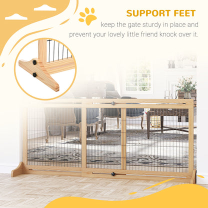 PawHut Freestanding Dog Gate, Foldable Pet Fence, Indoor Wood Barrier, Stair Gate with Support Feet, for Doorway, Hallway, Small and Medium Dogs, 69H x 104-183 cm, Natural Wood Effect 