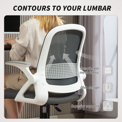 HOMCOM Breathable Mesh Office Chair, Ergonomic Swivel Computer Chair with Flip-up Armrests, Lumbar Back Support for Home/Office, Grey 