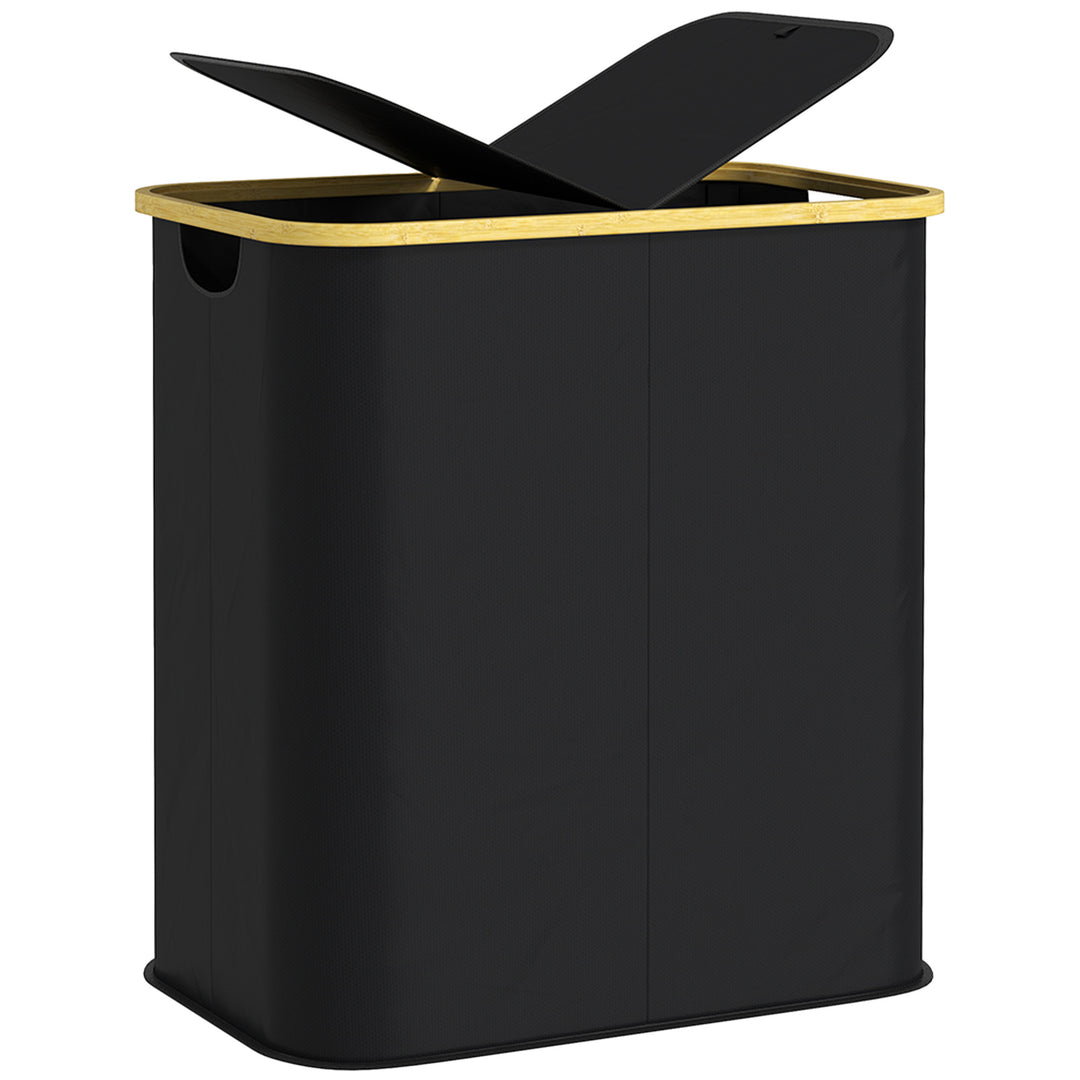 HOMCOM Double Laundry Basket With Lid, 80L Collapsible Laundry Hamper with Groove Handles, Washing Basket for Bathroom, Bedroom, Laundry Room, Black 