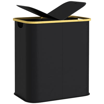 HOMCOM Double Laundry Basket With Lid, 80L Collapsible Laundry Hamper with Groove Handles, Washing Basket for Bathroom, Bedroom, Laundry Room, Black 