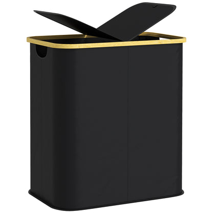 HOMCOM Double Laundry Basket With Lid, 80L Collapsible Laundry Hamper with Groove Handles, Washing Basket for Bathroom, Bedroom, Laundry Room, Black 