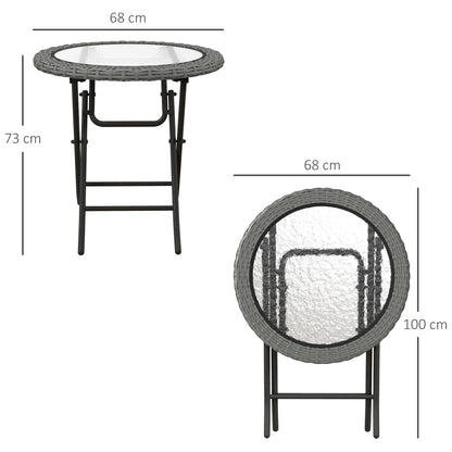 Outsunny Folding Round Tempered Glass Garden Table with Grey Rattan Edging