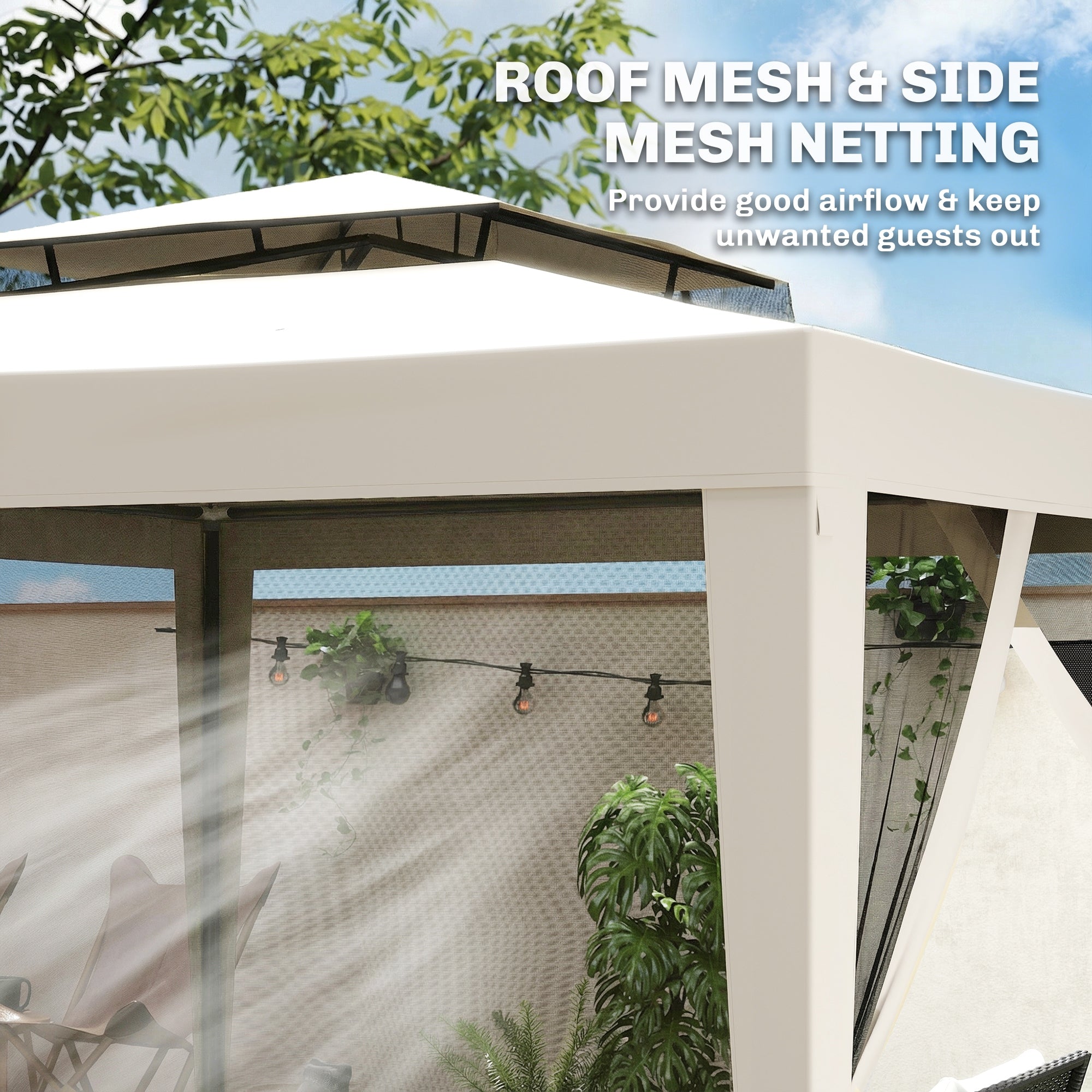 Outsunny 3 x 3 m Gazebo, Netting Party Tent, Patio Canopy Outdoor Event Shelter with Double Tier Roof, Cream White 