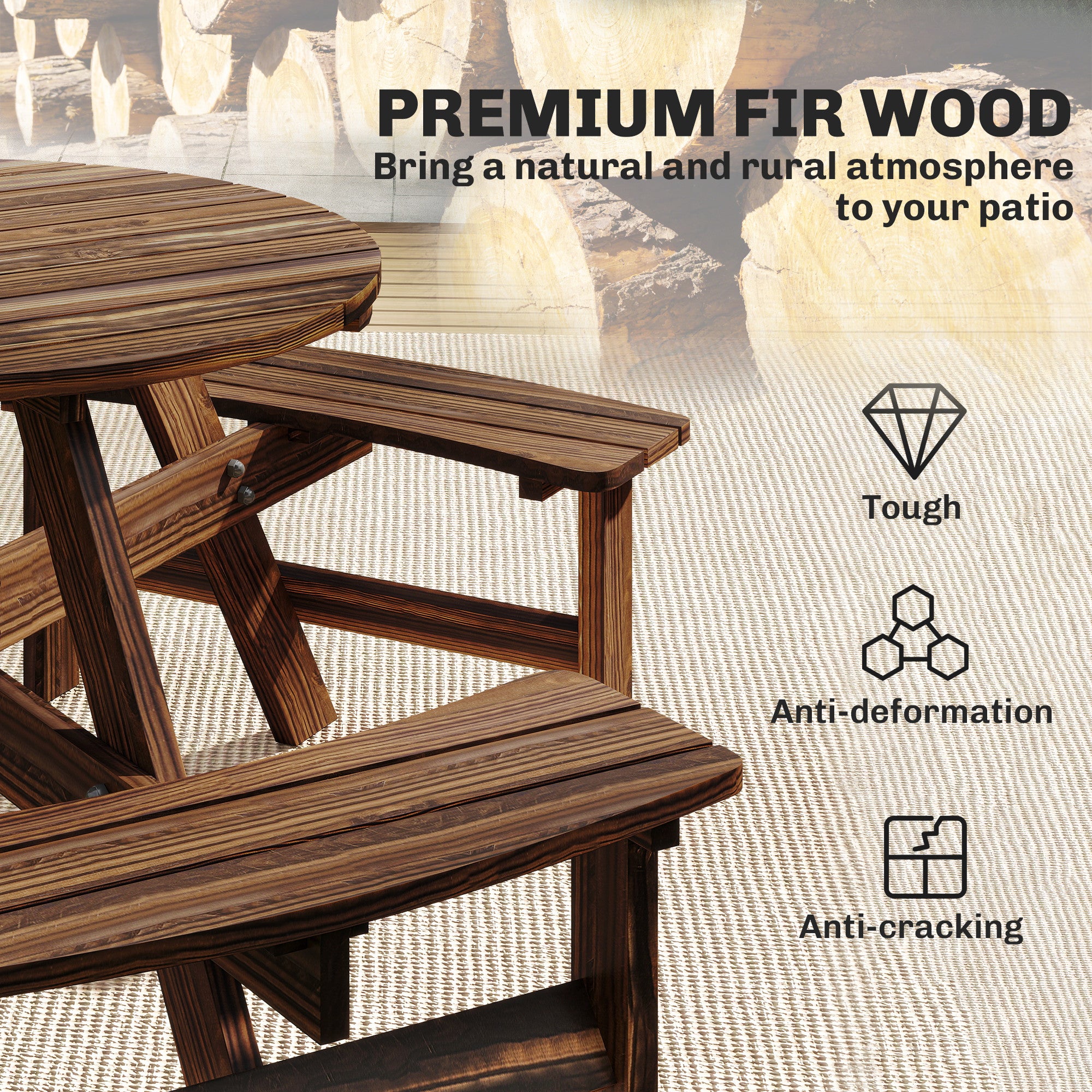 Outsunny Wooden Garden Dining Set, 6 Seater Round Dining Picnic Table with Matching Bench, Garden Furniture Set with Parasol Hole for Outdoor Patio Party and Family Gatherings, Carbonized 