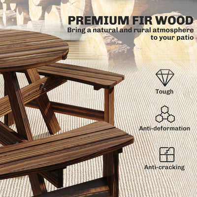 Outsunny Wooden Garden Dining Set, 6 Seater Round Dining Picnic Table with Matching Bench, Garden Furniture Set with Parasol Hole for Outdoor Patio Party and Family Gatherings, Carbonized 