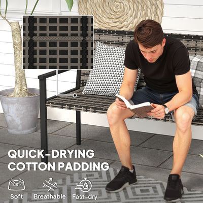 Outsunny 2 Seater Rattan Garden Bench, Outdoor Bench with Quick-Drying Cotton Padding, Wicker Garden Loveseat with Armrests, Steel Frame for Patio, Park, Mixed Grey 