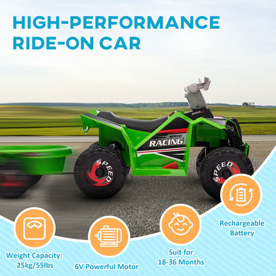 HOMCOM 6V Quad Bike with Back Trailer, Wear-Resistant Wheels, for Ages 18-36 Months, Green 