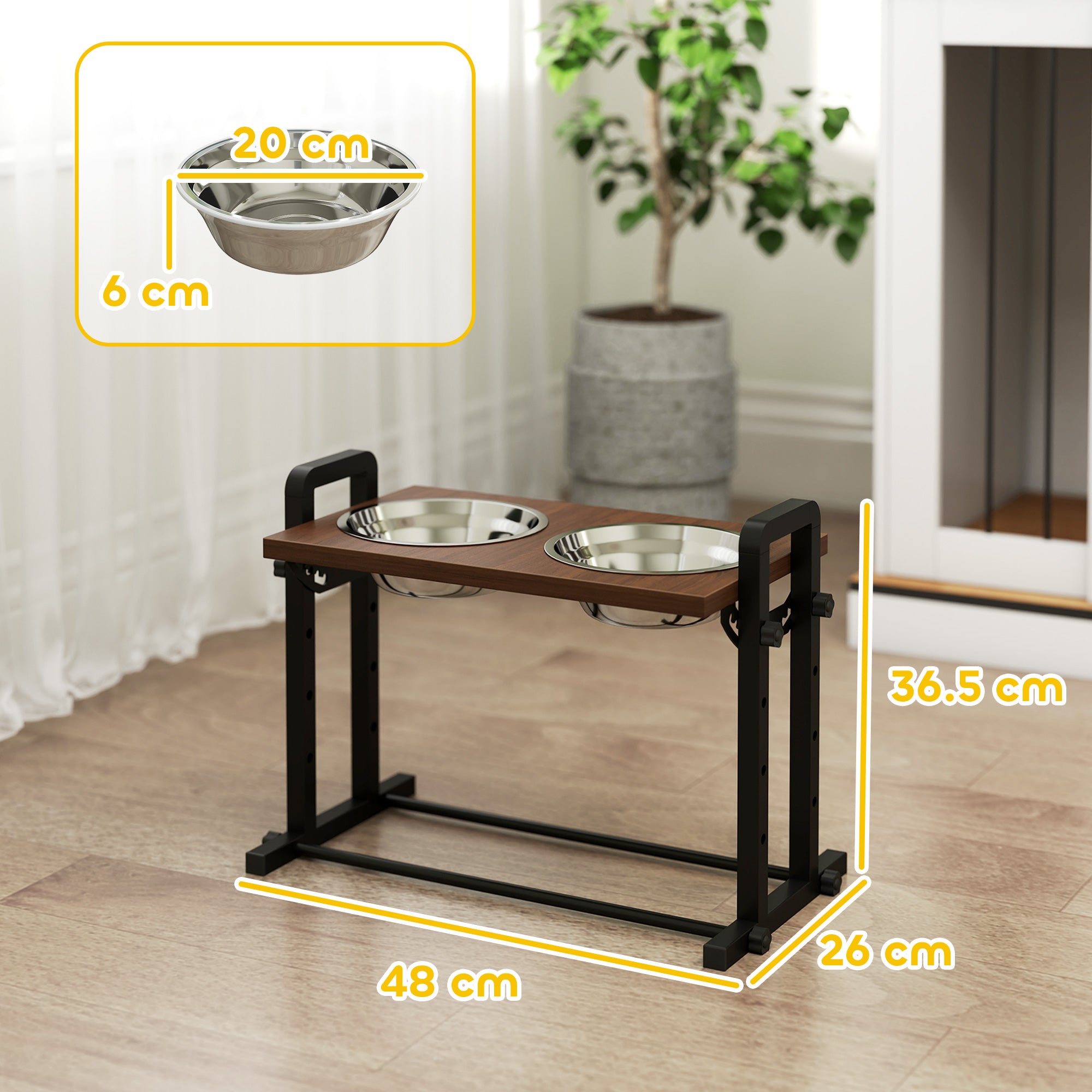 PawHut Raised Dog Bowls with Stand, 4 Heights Adjustable Pet Feeder with 3 Adjustable Angles for Small, Medium & Large Breeds, Brown 