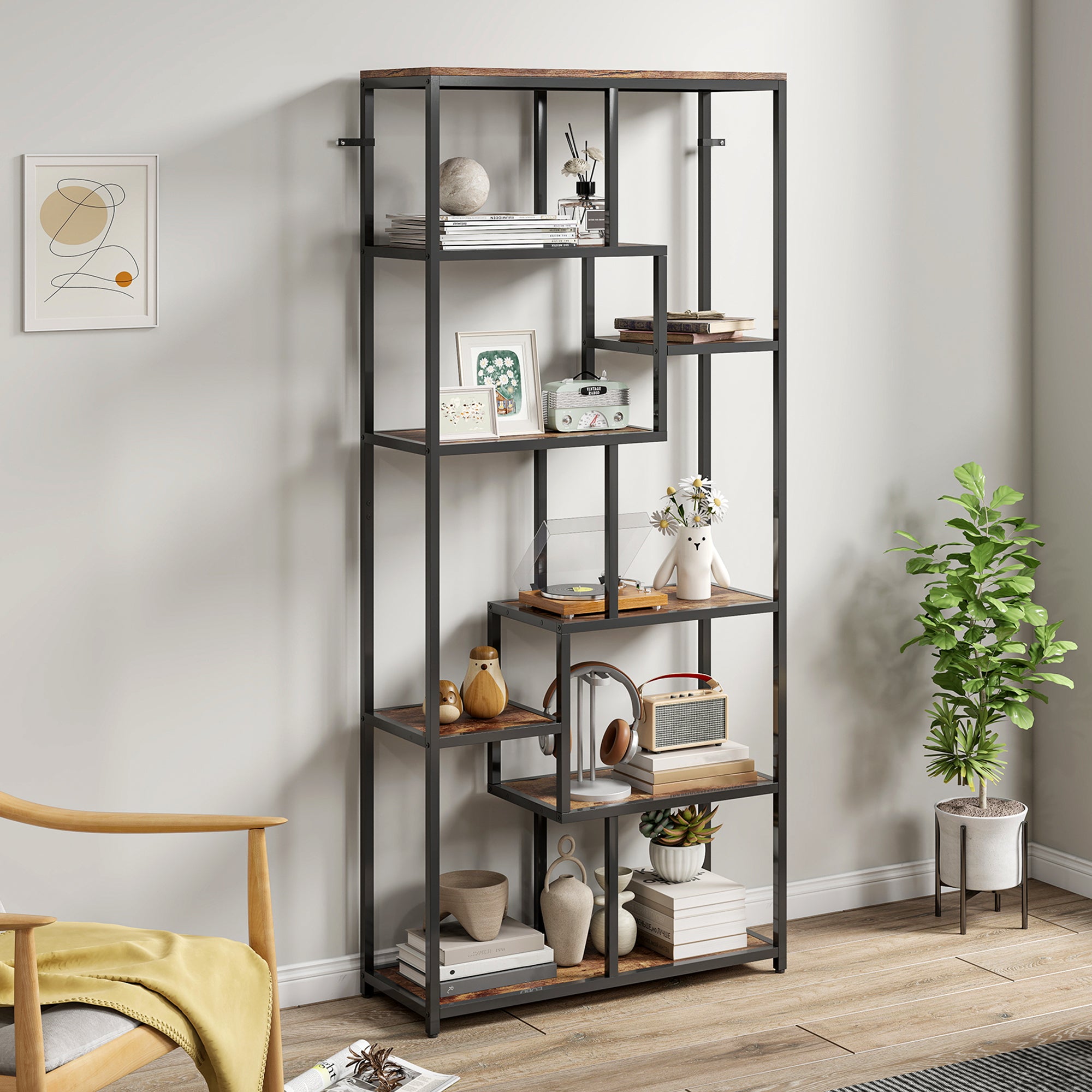 HOMCOM Seven-Tier Geometric Bookcase - Brown/Black 
