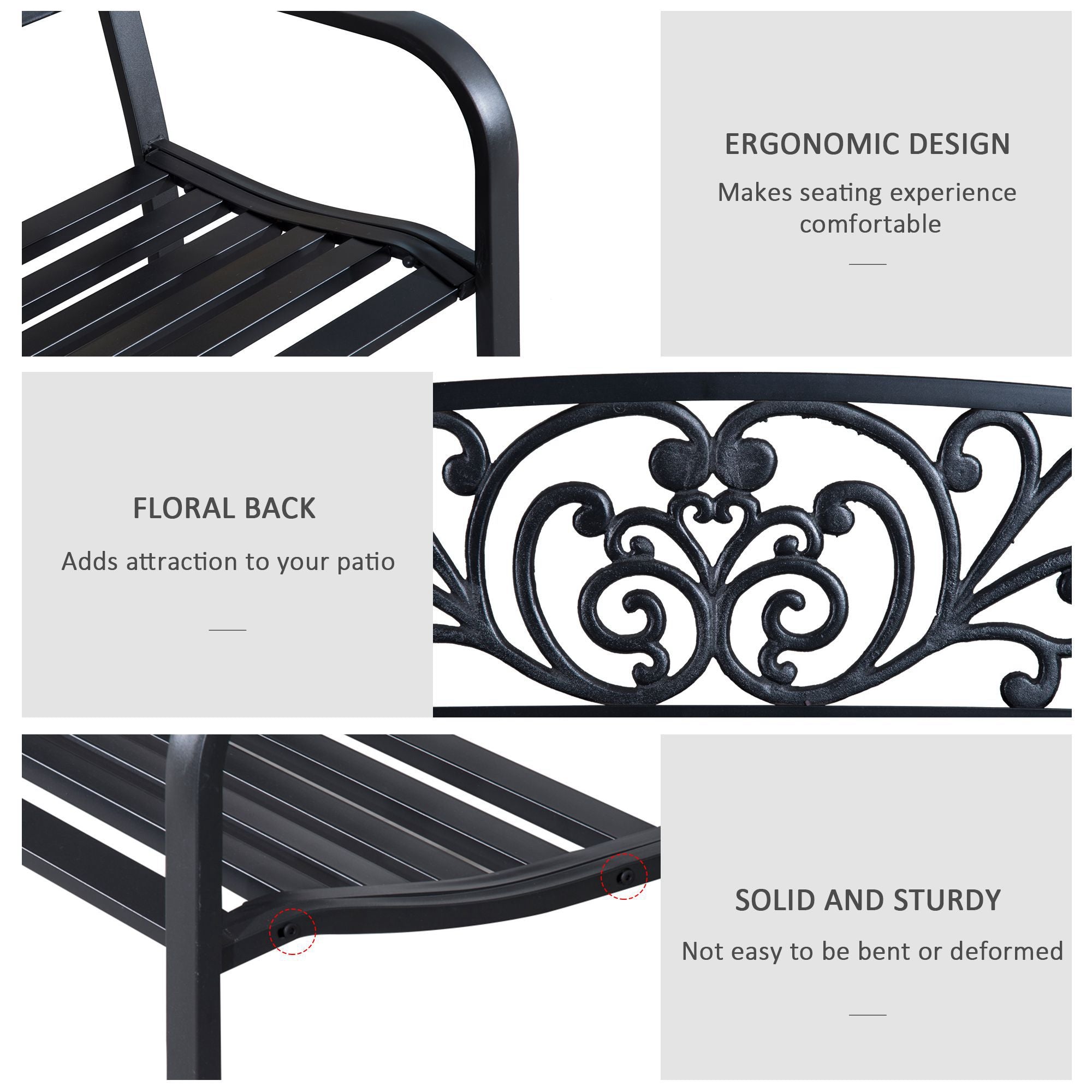 Outsunny 2-Seater Garden Bench, Steel-Black 