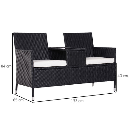 Outsunny 2-Seater Rattan Chair Set W/Middle Tea Table-Black 