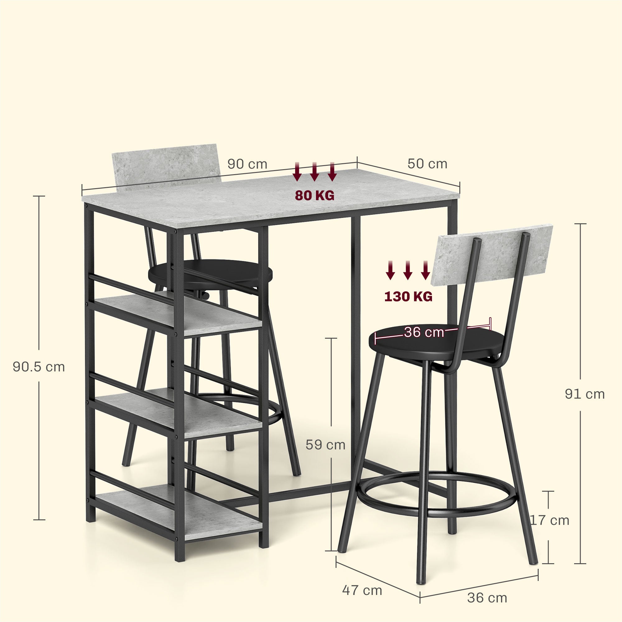 HOMCOM Three-Piece Kitchen Dining Set, with Shelves - Grey/Black