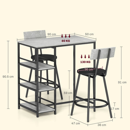 HOMCOM Three-Piece Kitchen Dining Set, with Shelves - Grey/Black