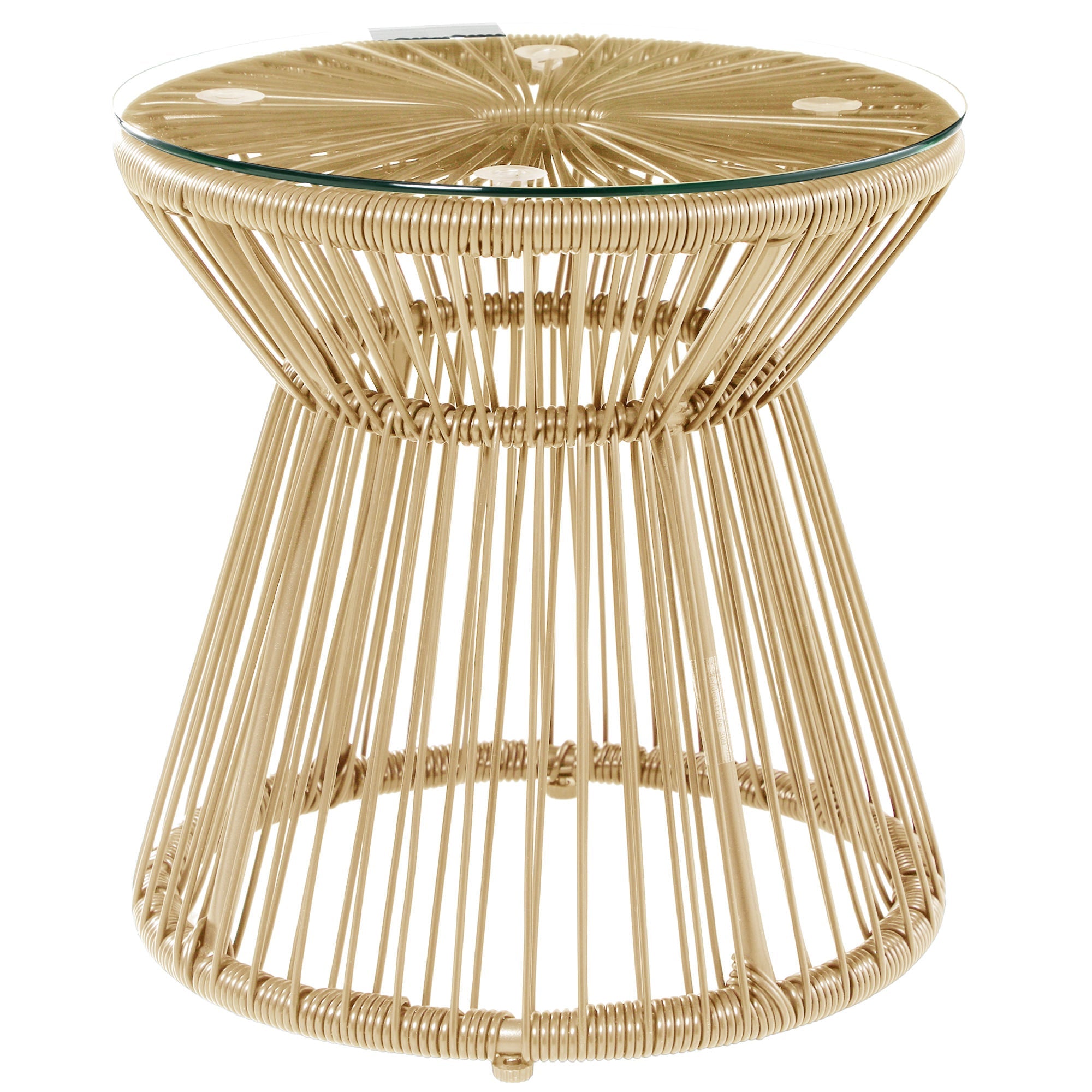 Outsunny Round End Table, Rattan Side Table, Hollow Drum Design Coffee Table w/ Glass Tabletop for Patio, Garden, Balcony Natural 