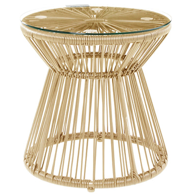 Outsunny Round End Table, Rattan Side Table, Hollow Drum Design Coffee Table w/ Glass Tabletop for Patio, Garden, Balcony Natural 