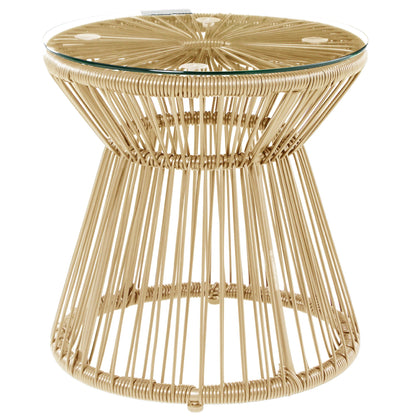 Outsunny Round End Table, Rattan Side Table, Hollow Drum Design Coffee Table w/ Glass Tabletop for Patio, Garden, Balcony Natural 