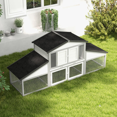 PawHut Large Rabbit Hutch with Run, Outdoor Bunny Cage, with Tray, Ramp - Light Grey 