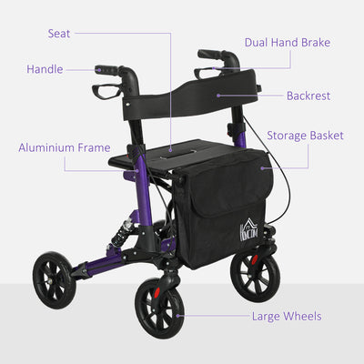 HOMCOM Folding Rollator Walker with Seat, Backrest, Lightweight Walking Frame with Storage Bag, Dual Brakes, Adjustable Handle Height, Suspension System, 4 Wheeled Walker for Seniors, Purple 