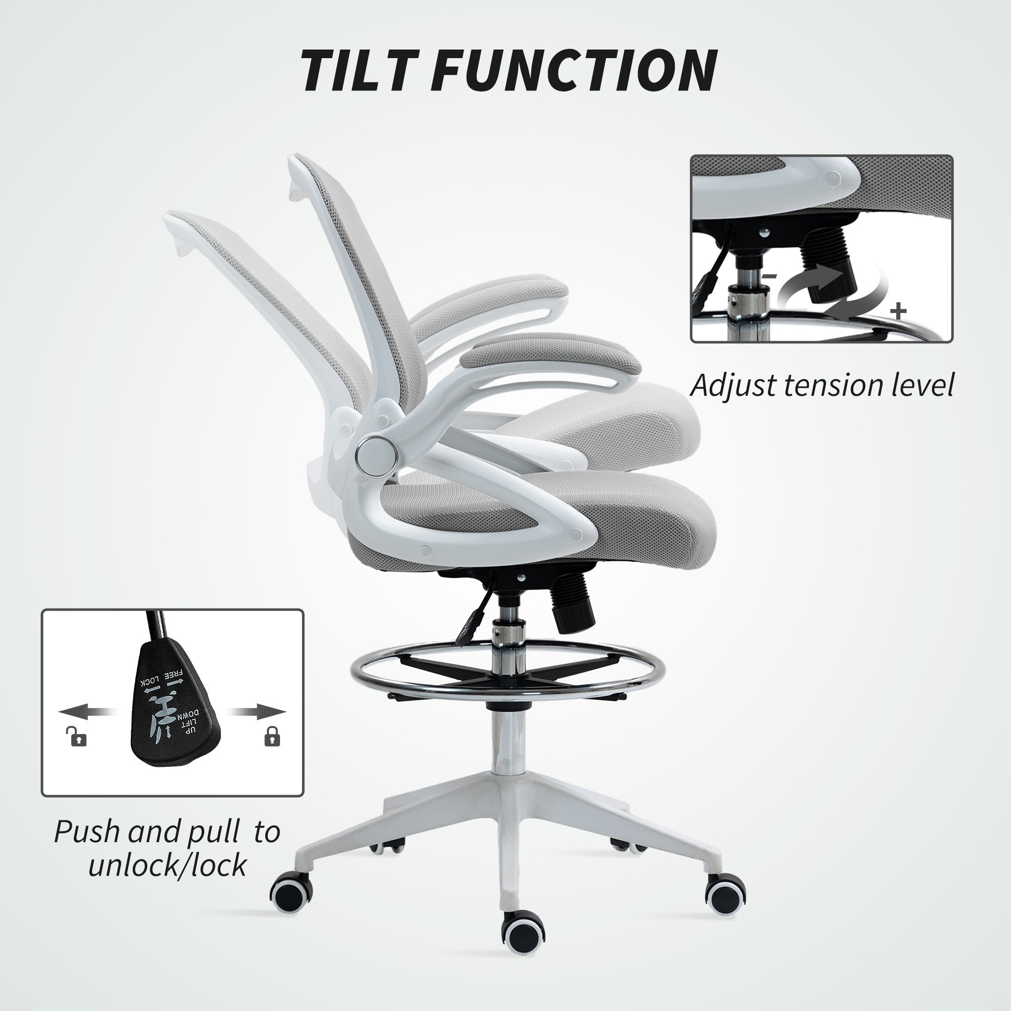 Vinsetto Drafting Chair with Flip-up Armrest, Mesh Office Stool with Foot Ring, 360° Swivel Height Adjustable Chair for Standing Desk, Light Grey 