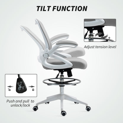 Vinsetto Drafting Chair with Flip-up Armrest, Mesh Office Stool with Foot Ring, 360° Swivel Height Adjustable Chair for Standing Desk, Light Grey 