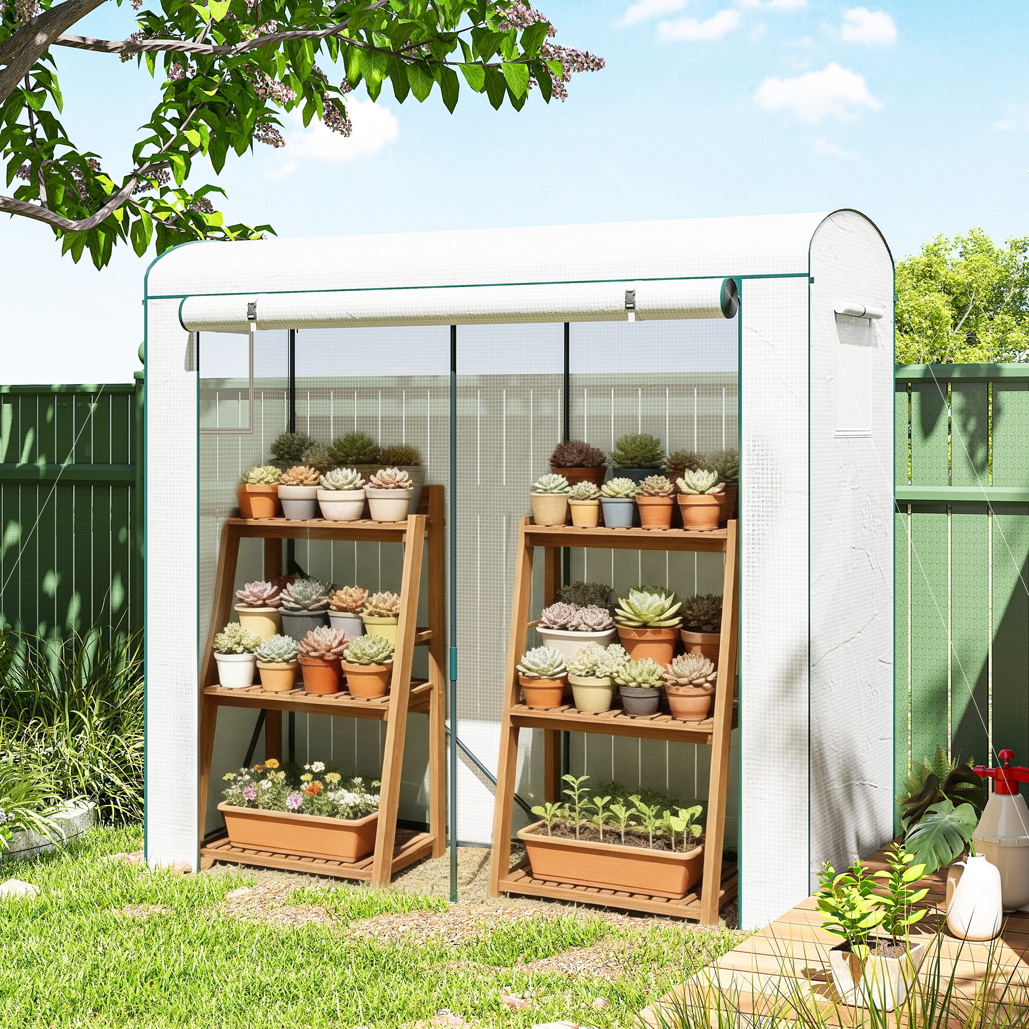 Outsunny Mini Greenhouse, Garden Tomato Growhouse with Roll-Up Door and 2 Mesh Windows, PE Cover, 200 x 75 x 188 cm, White 