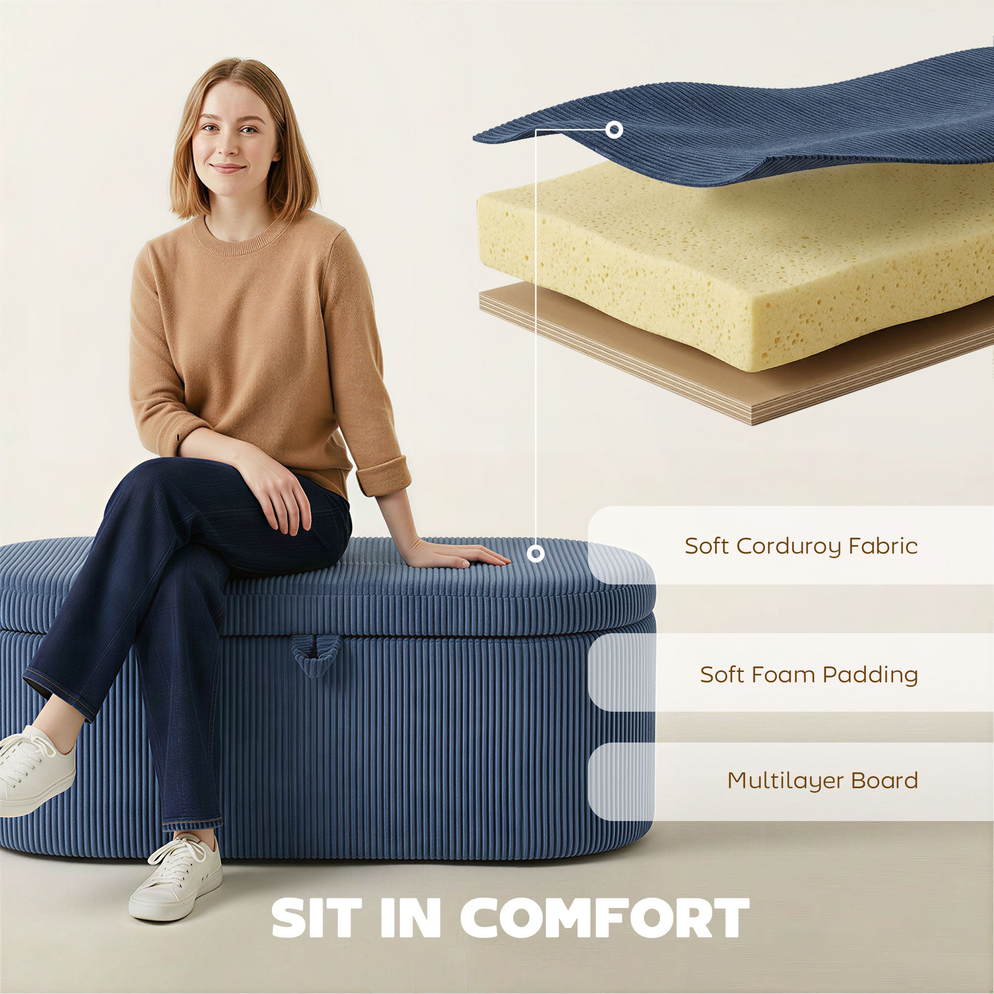 HOMCOM Storage Ottoman, Corduroy Upholstered Ottoman Storage Box with Padded Seat, 105 x 51 x 49 cm, Blue 