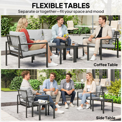 Outsunny 5 Piece Metal Garden Furniture Sofa Set with Thickened Cushions, Loveseat, 2 Armchairs, 2 Coffee Tables, Light Grey 