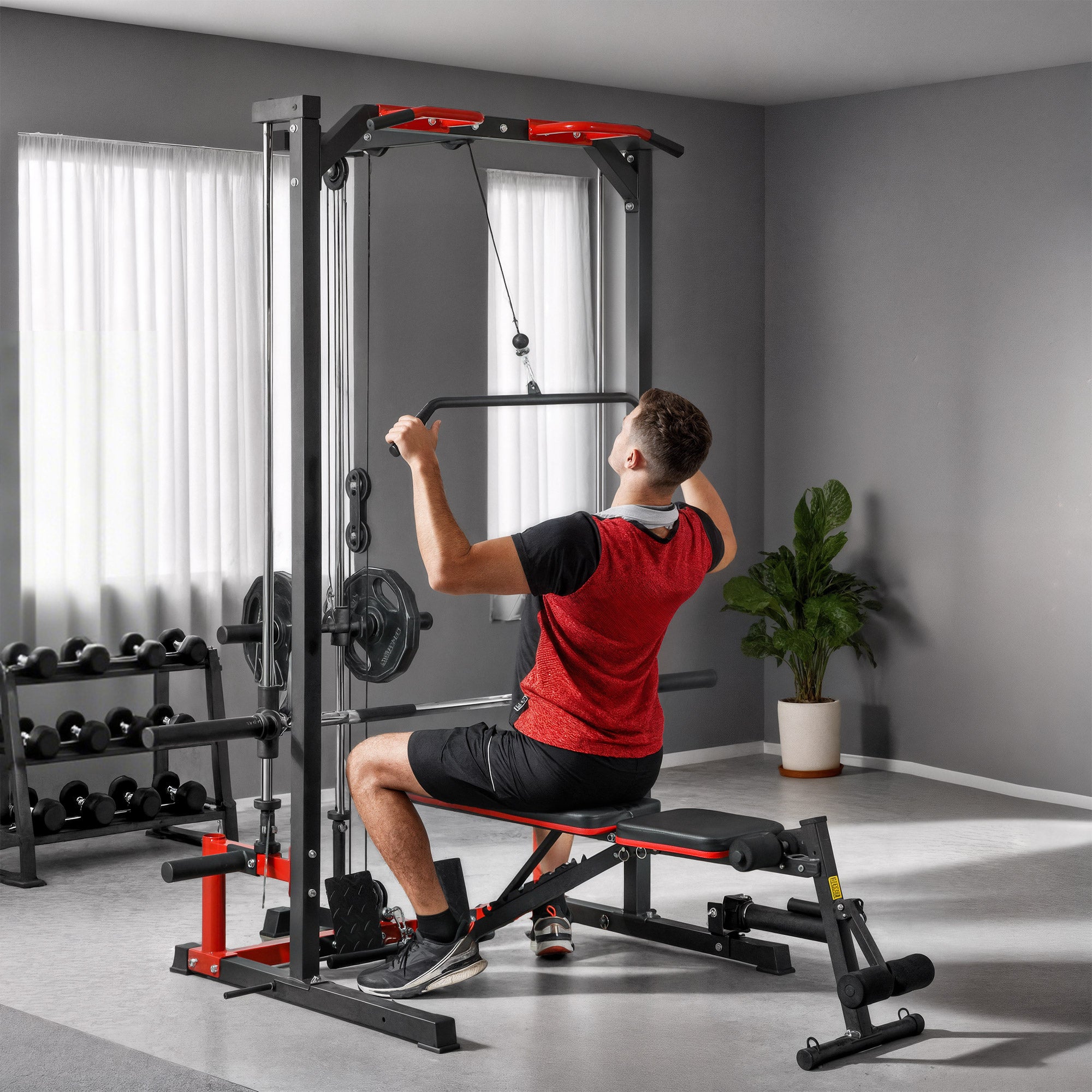 SPORTNOW Cable Crossover Machine, Multi-Function Power Rack with Pull Up Bar, Lat Pull Down System, Squat Rack, Barbell Bar 