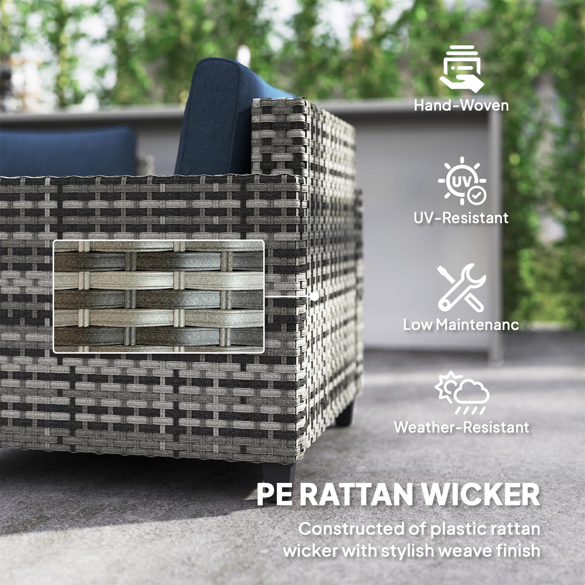 Outsunny 6 Pieces Rattan Garden Furniture Set, 5 Seater Wicker Outdoor Furniture Set with 2 Armchairs, Steel Frame Coffee Table and Cushions for Balcony, Porch, Navy Blue 