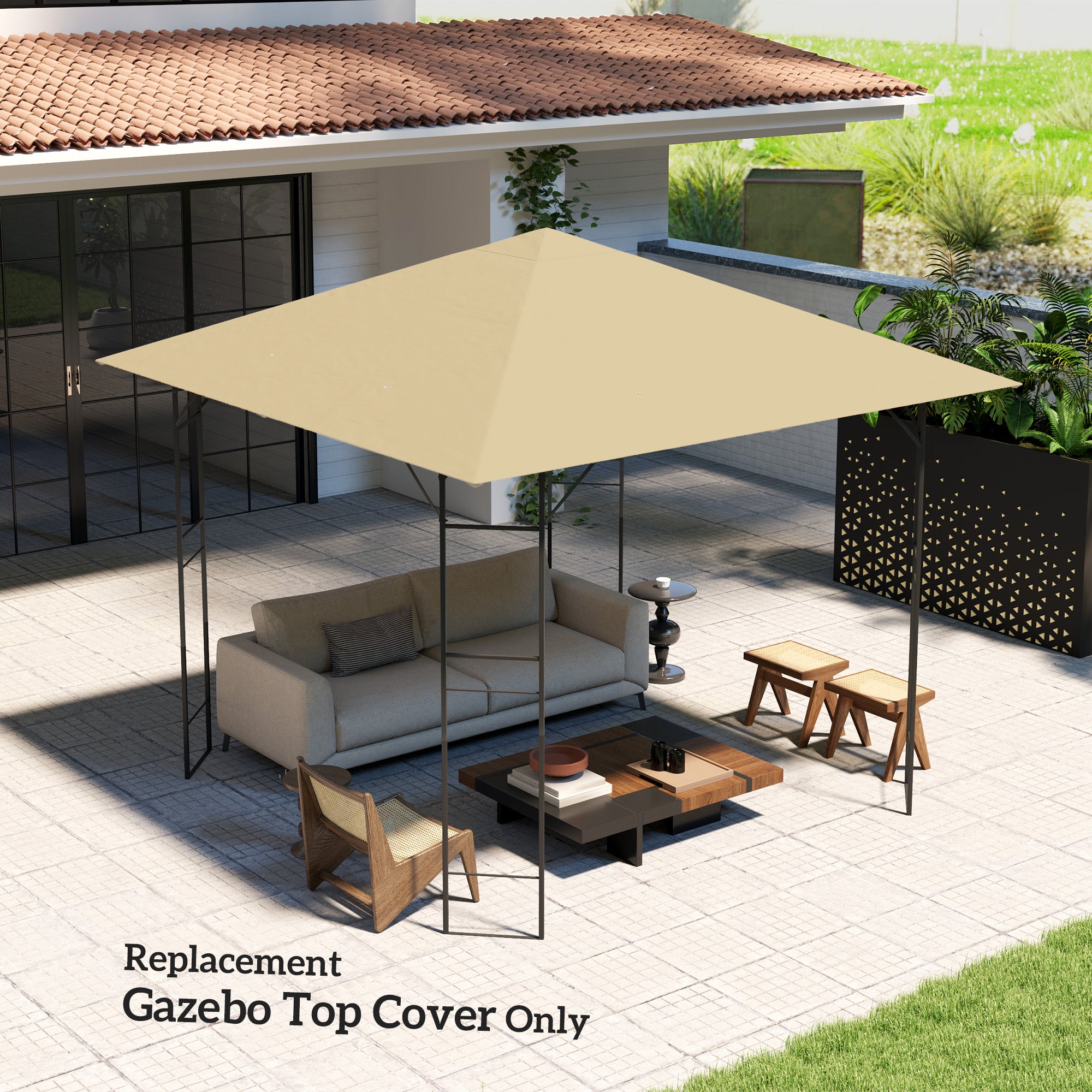 Outsunny 3 x 3(m) Gazebo Canopy Replacement Cover, Garden Gazebo Roof Replacement with Drain Holes, Water Resistant PVC Coating, 370g/\'e3\'8e\'a1, UPF30+, TOP COVER ONLY, Beige