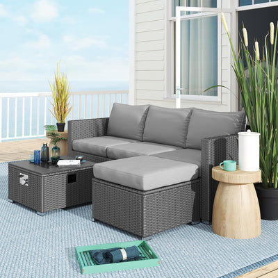 Outsunny Five Piece Rattan Garden Furniture Set with Gas Fire Pit Table and Footstool - Grey 